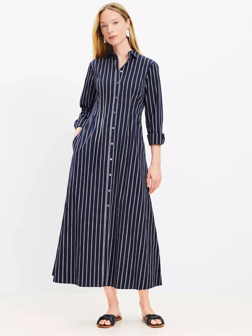 Loft Navy Blue Striped Button-Front Shirt Dress